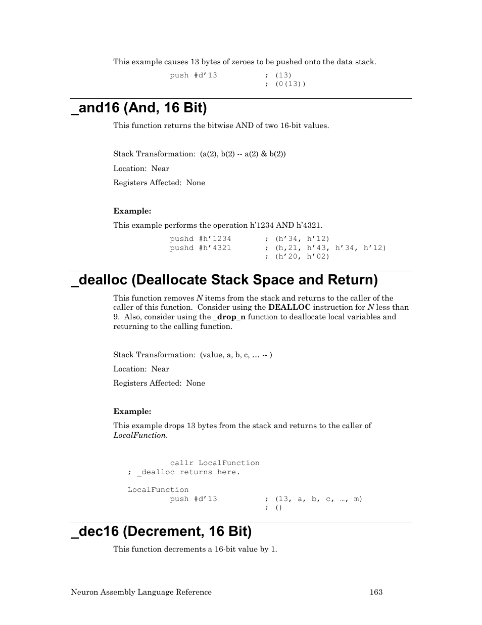 And16 (and, 16 bit), Dealloc (deallocate stack space and return), Dec16 (decrement, 16 bit) | Ee _dealloc (deallocate stack space and, Return) | Echelon Neuron User Manual | Page 173 / 237