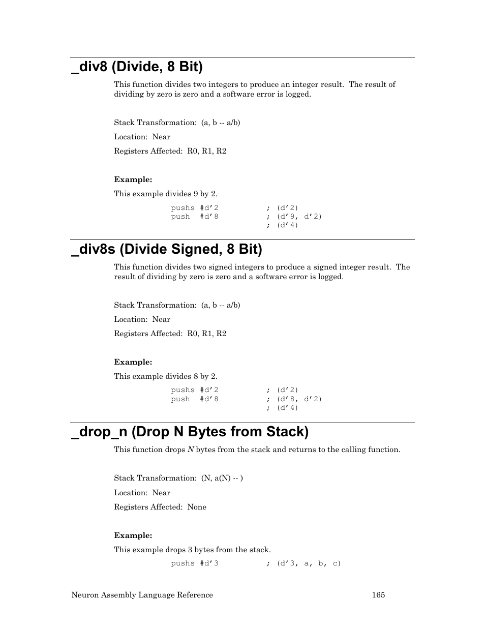 Div8 (divide, 8 bit), Div8s (divide signed, 8 bit), Drop_n (drop n bytes from stack) | D _div8s (divide signed, 8 bit) | Echelon Neuron User Manual | Page 175 / 237