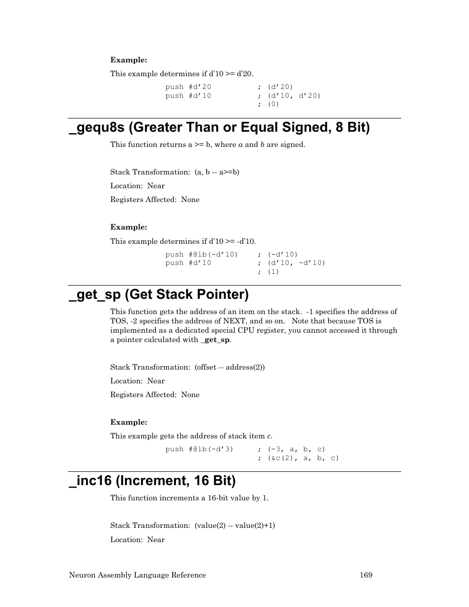 Gequ8s (greater than or equal signed, 8 bit), Get_sp (get stack pointer), Inc16 (increment, 16 bit) | Echelon Neuron User Manual | Page 179 / 237