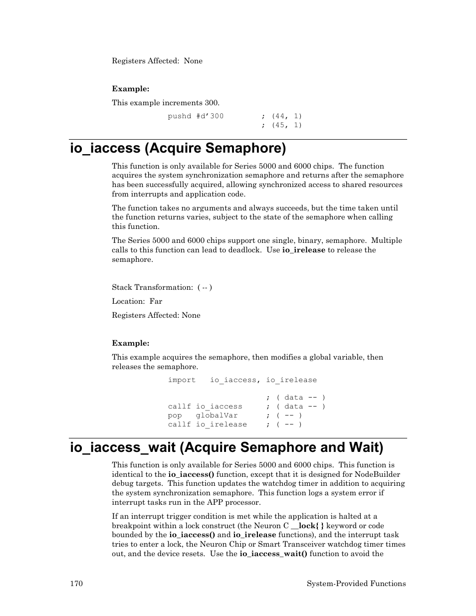 Io_iaccess (acquire semaphore), Io_iaccess_wait (acquire semaphore and wait) | Echelon Neuron User Manual | Page 180 / 237
