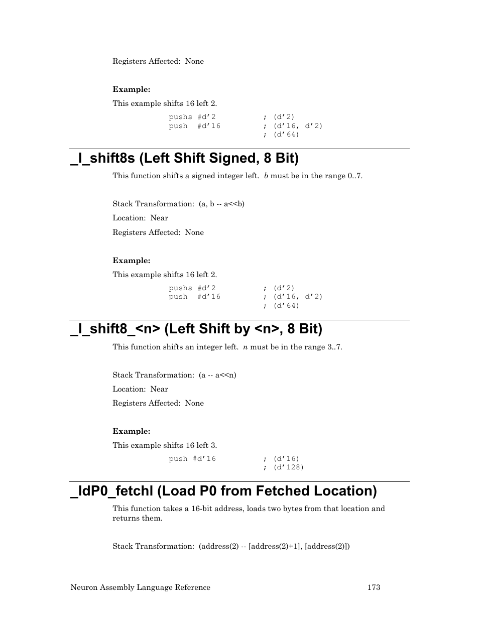 L_shift8s (left shift signed, 8 bit), L_shift8_<n> (left shift by <n>, 8 bit), Ldp0_fetchl (load p0 from fetched location) | Echelon Neuron User Manual | Page 183 / 237