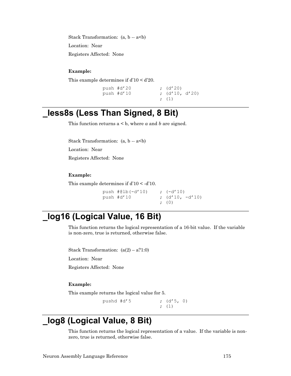 Less8s (less than signed, 8 bit), Log16 (logical value, 16 bit), Log8 (logical value, 8 bit) | Echelon Neuron User Manual | Page 185 / 237