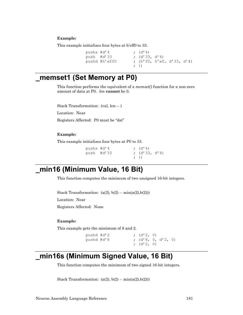 Memset1 (set memory at p0), Min16 (minimum value, 16 bit), Min16s (minimum signed value, 16 bit) | Echelon Neuron User Manual | Page 191 / 237