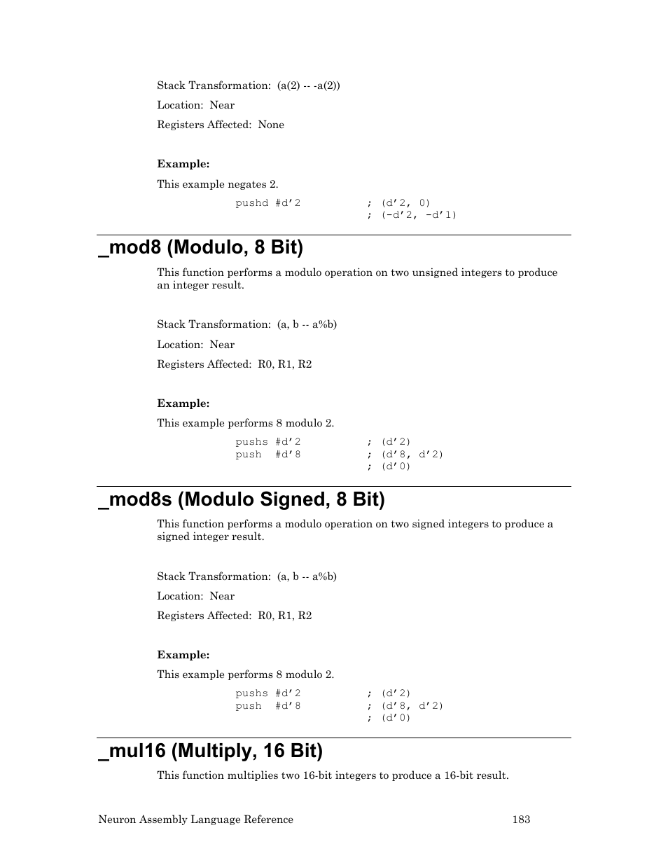 Mod8 (modulo, 8 bit), Mod8s (modulo signed, 8 bit), Mul16 (multiply, 16 bit) | Echelon Neuron User Manual | Page 193 / 237