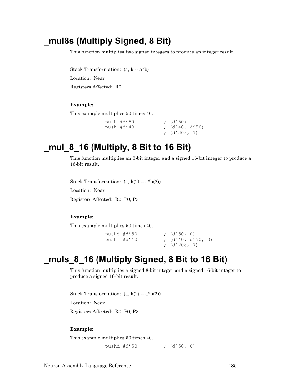 Mul8s (multiply signed, 8 bit), Mul_8_16 (multiply, 8 bit to 16 bit), Muls_8_16 (multiply signed, 8 bit to 16 bit) | Echelon Neuron User Manual | Page 195 / 237