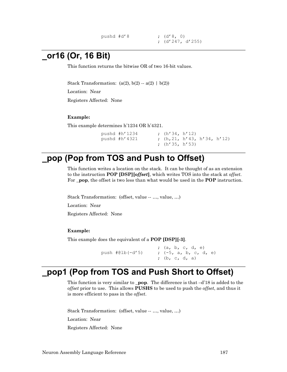 Or16 (or, 16 bit), Pop (pop from tos and push to offset), Pop1 (pop from tos and push short to offset) | Echelon Neuron User Manual | Page 197 / 237