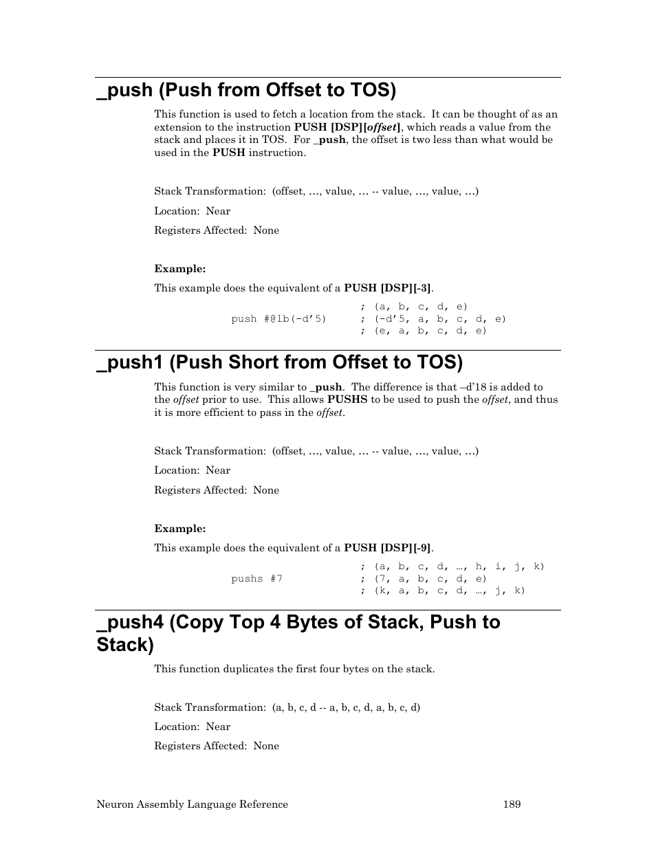 Push (push from offset to tos), Push1 (push short from offset to tos), Push4 (copy top 4 bytes of stack, push tostack) | Push4 (copy top 4 bytes of stack, push to stack) | Echelon Neuron User Manual | Page 199 / 237