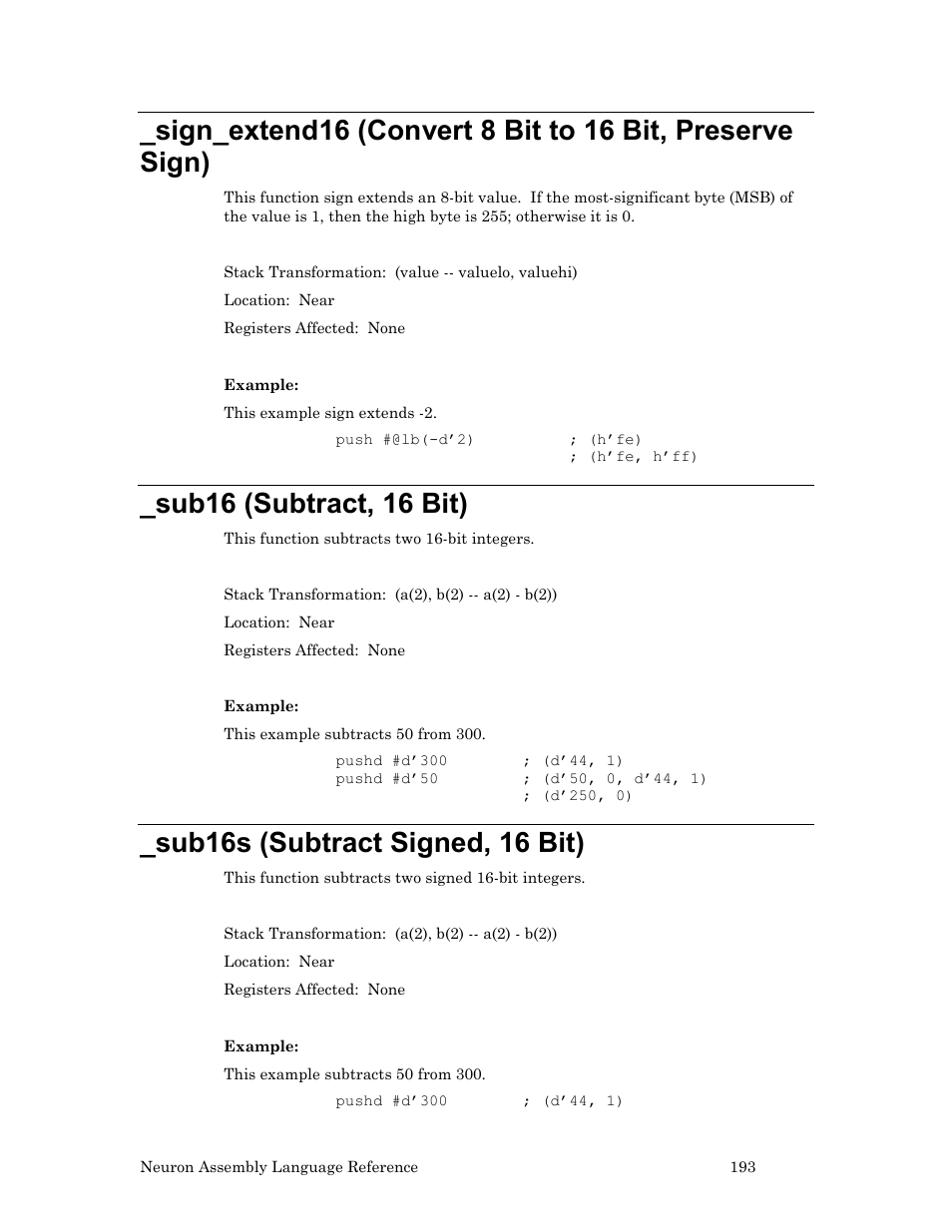 Sub16 (subtract, 16 bit), Sub16s (subtract signed, 16 bit) | Echelon Neuron User Manual | Page 203 / 237