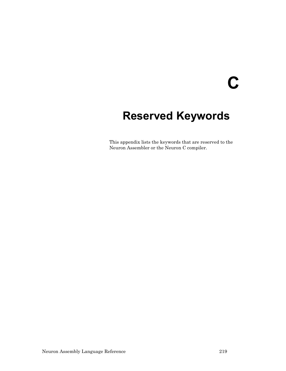 Reserved keywords, C, reserved keywords , f | Echelon Neuron User Manual | Page 229 / 237