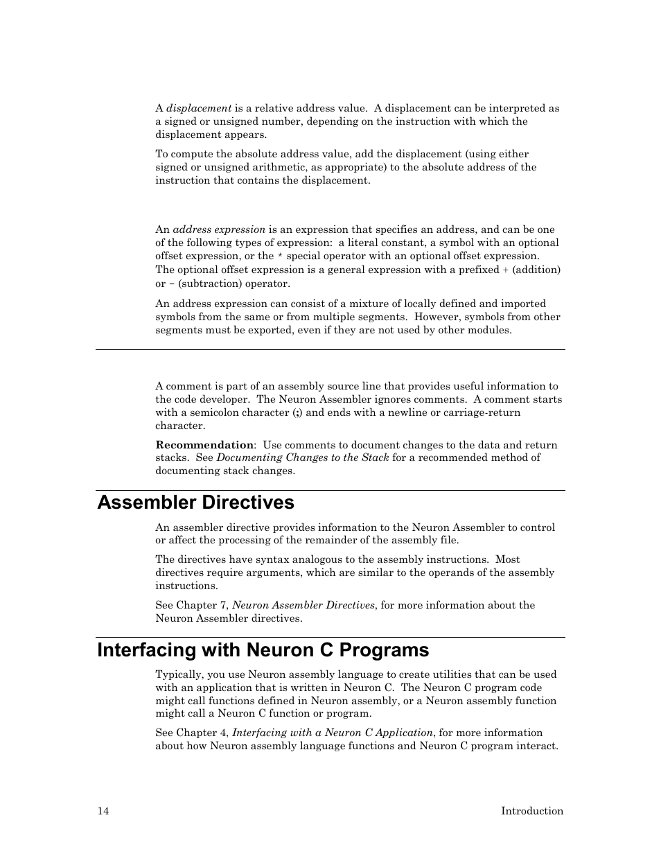 Displacements, Address expressions, Comments | Assembler directives, Interfacing with neuron c programs | Echelon Neuron User Manual | Page 24 / 237