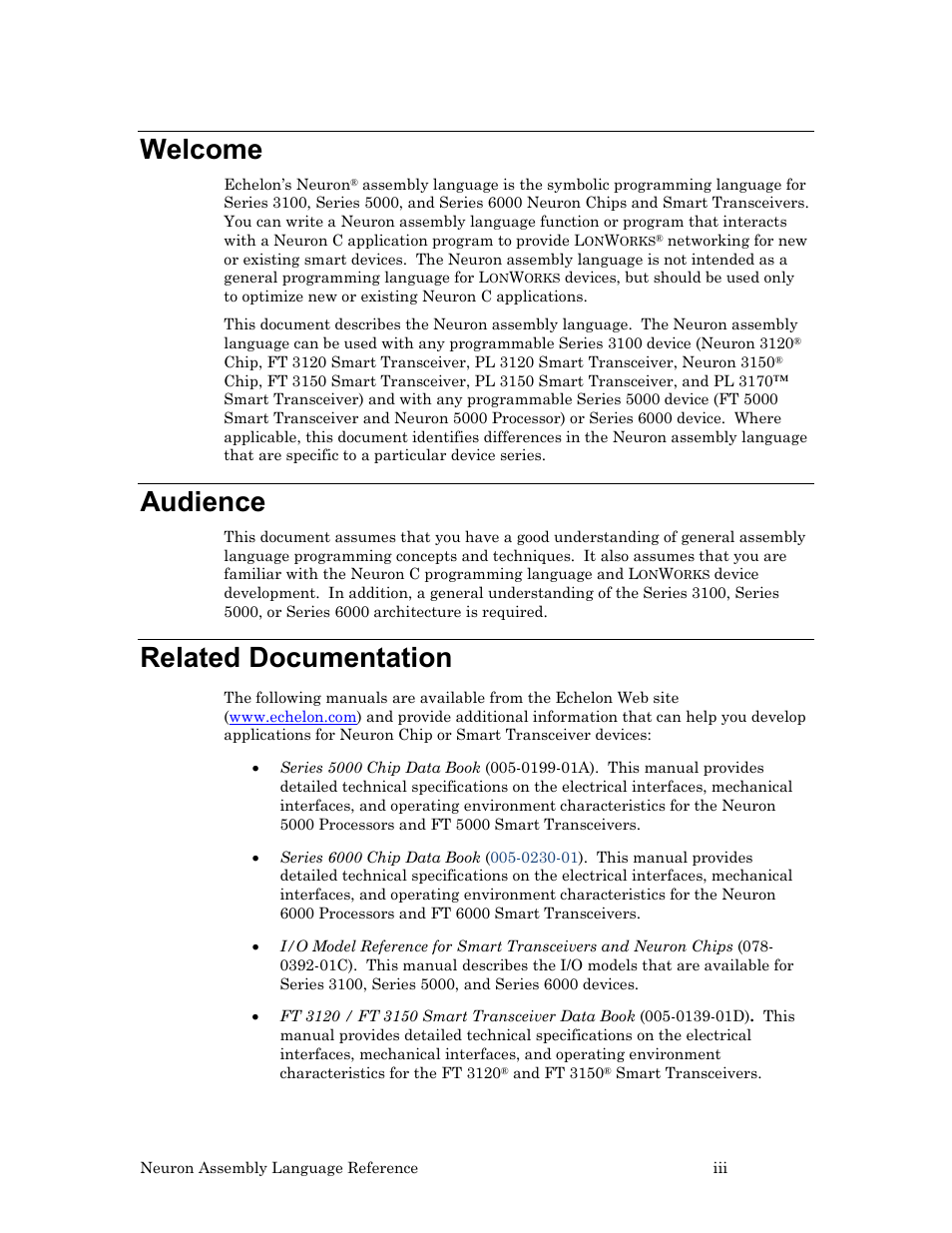 Welcome, Audience, Related documentation | Echelon Neuron User Manual | Page 3 / 237