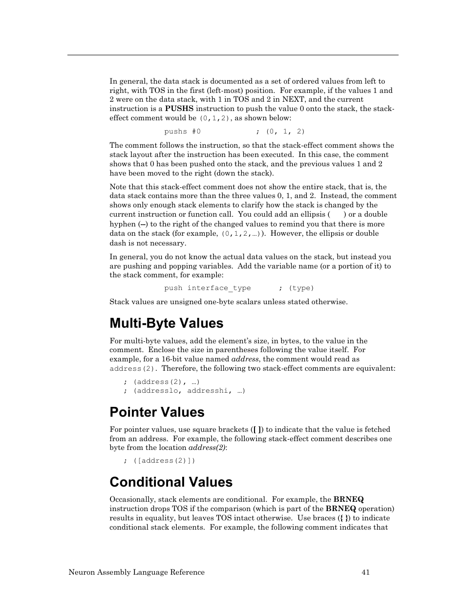 Stack-effect comments, Multi-byte values, Pointer values | Conditional values | Echelon Neuron User Manual | Page 51 / 237