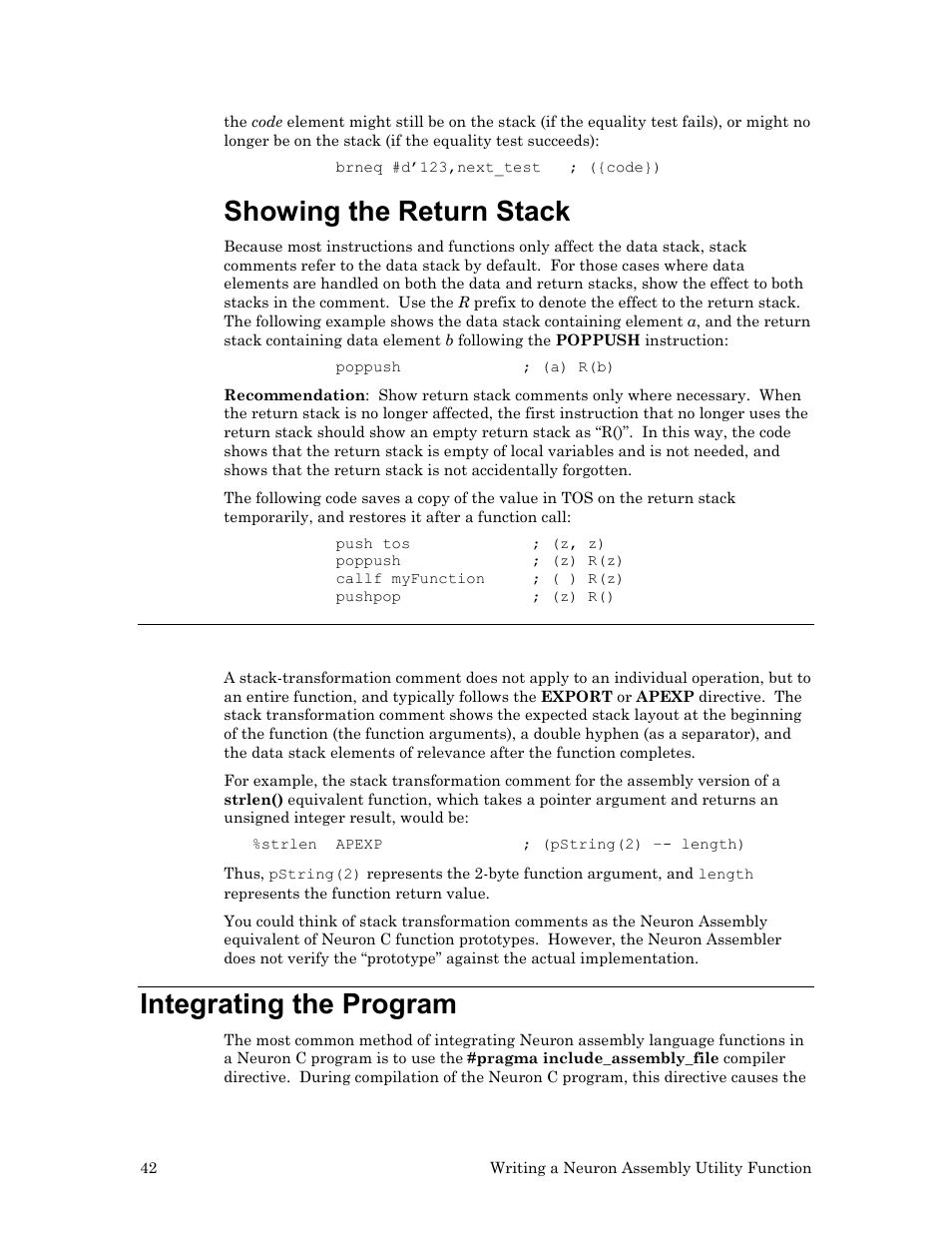 Showing the return stack, Stack-transformation comments, Integrating the program | Echelon Neuron User Manual | Page 52 / 237