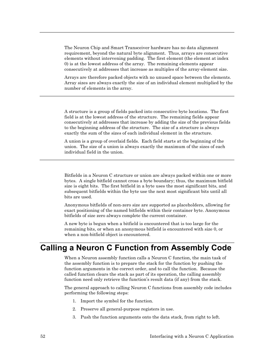 Arrays, Structures and unions, Bitfields | Calling a neuron c function from assembly code | Echelon Neuron User Manual | Page 62 / 237