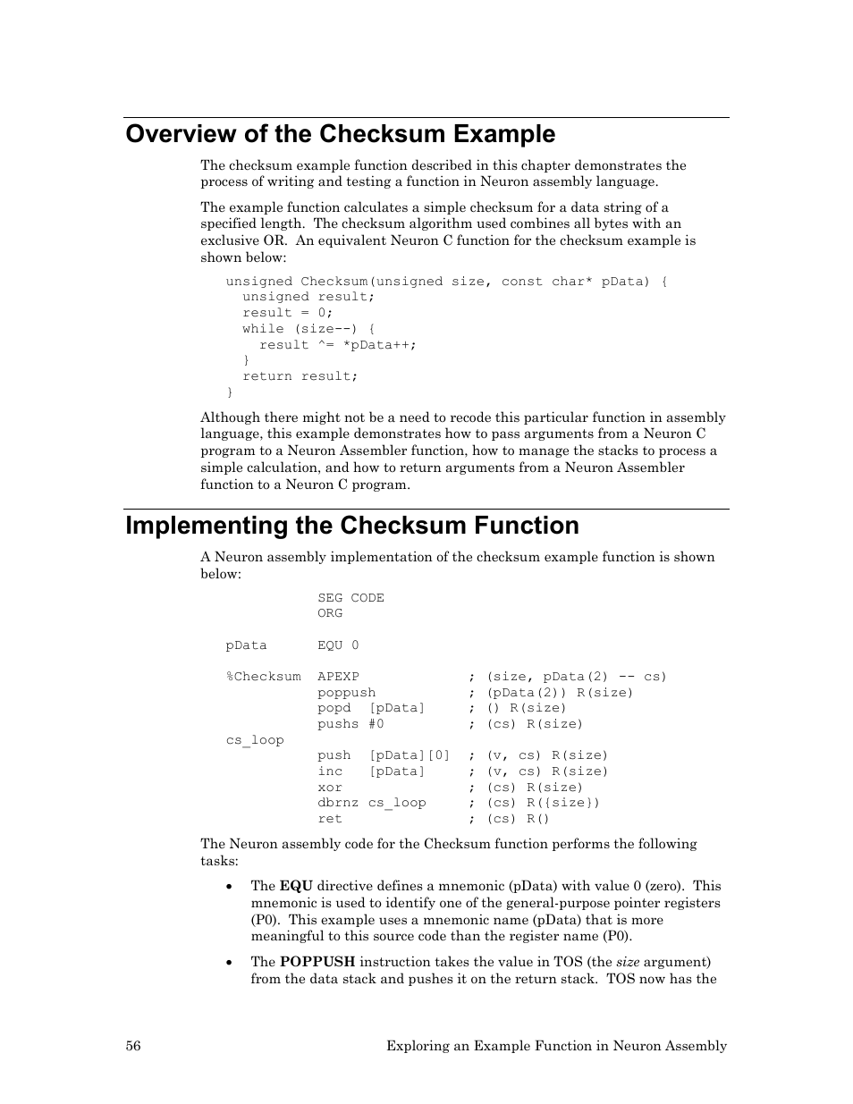 Overview of the checksum example, Implementing the checksum function | Echelon Neuron User Manual | Page 66 / 237