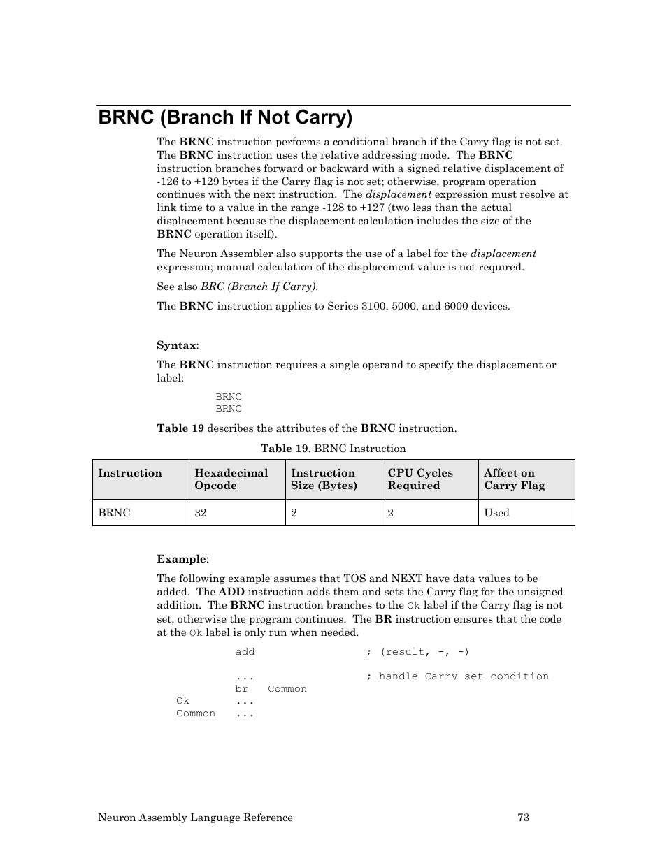 Brnc (branch if not carry) | Echelon Neuron User Manual | Page 83 / 237