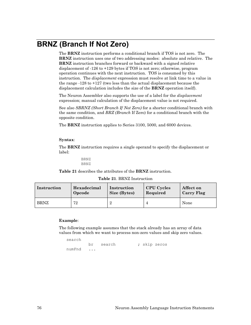Brnz (branch if not zero) | Echelon Neuron User Manual | Page 86 / 237