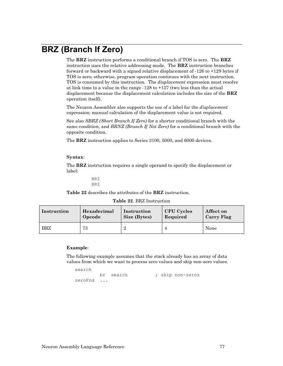 Brz (branch if zero) | Echelon Neuron User Manual | Page 87 / 237