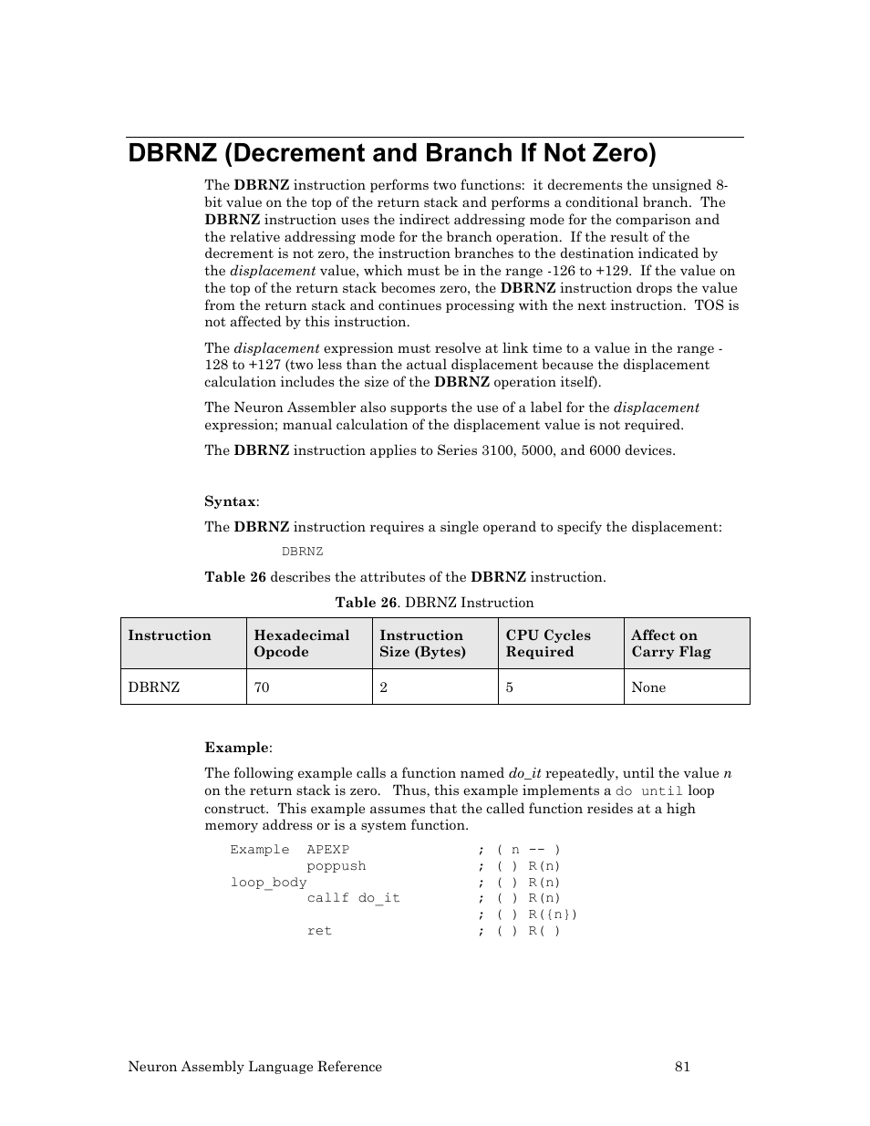 Dbrnz (decrement and branch if not zero) | Echelon Neuron User Manual | Page 91 / 237