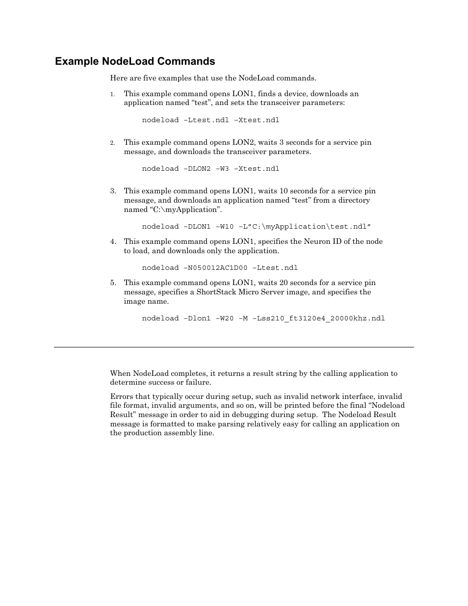 Example nodeload commands, Result strings and codes | Echelon NodeLoad Utility User Manual | Page 8 / 10