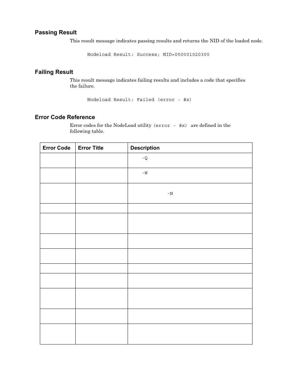 Passing result, Failing result, Error code reference | Echelon NodeLoad Utility User Manual | Page 9 / 10