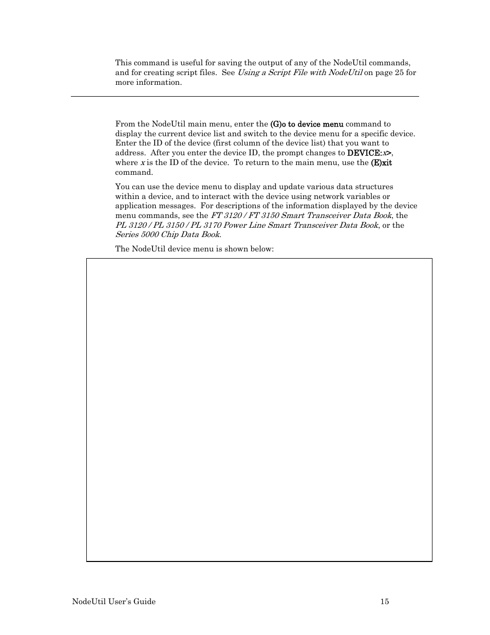 The nodeutil device menu, 15 for a d | Echelon NodeUtil Node Utility User Manual | Page 21 / 40