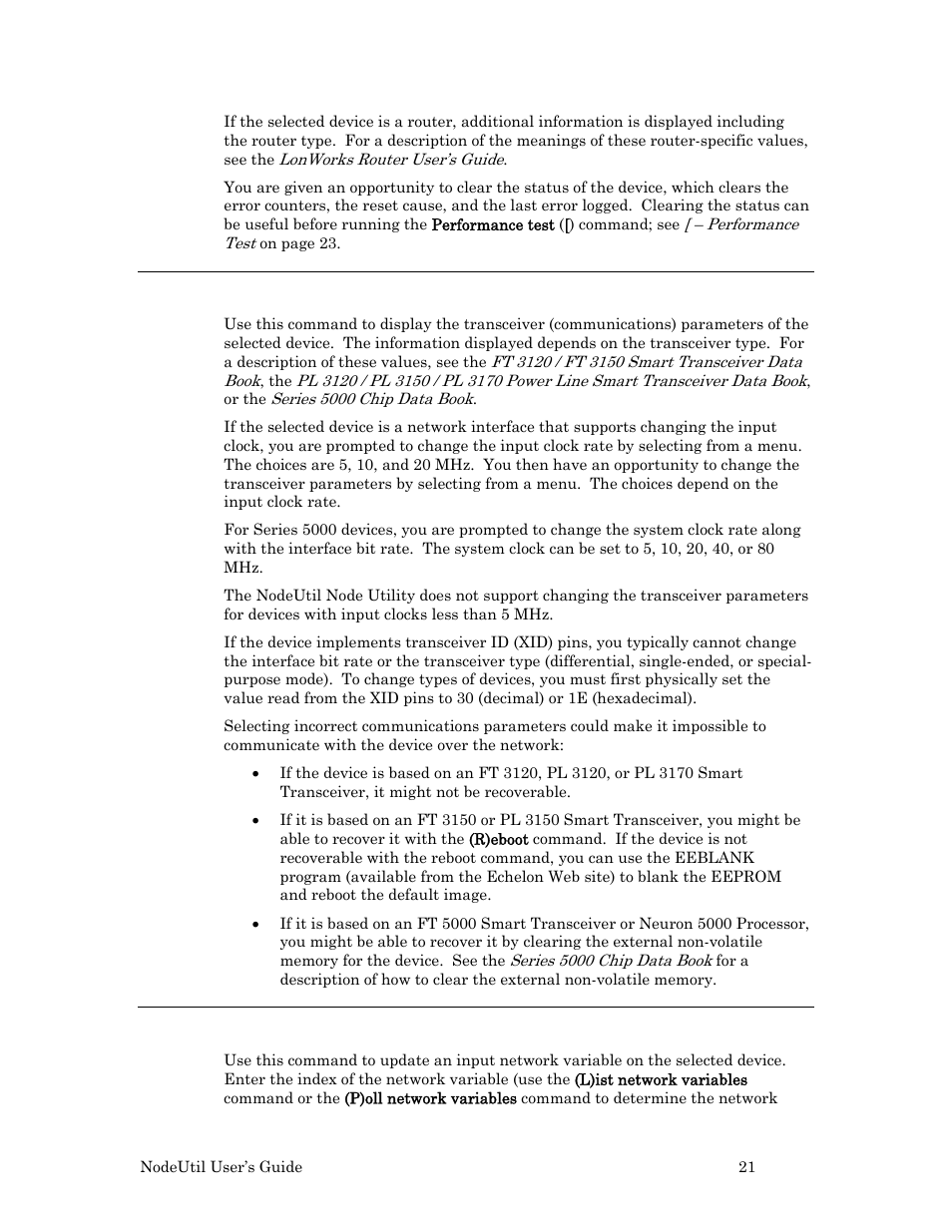 T – transceiver parameters, U – update input network variable, T – transceiver | Parameters, 21, for mor | Echelon NodeUtil Node Utility User Manual | Page 27 / 40