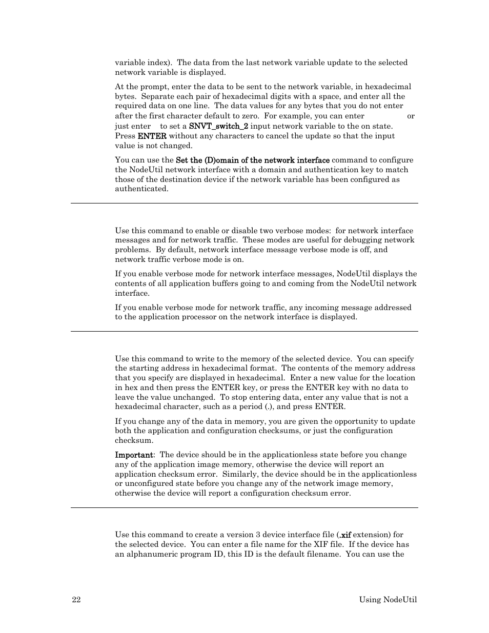 V – control verbose modes, W – write device memory, X – create device interface (xif) file | Echelon NodeUtil Node Utility User Manual | Page 28 / 40