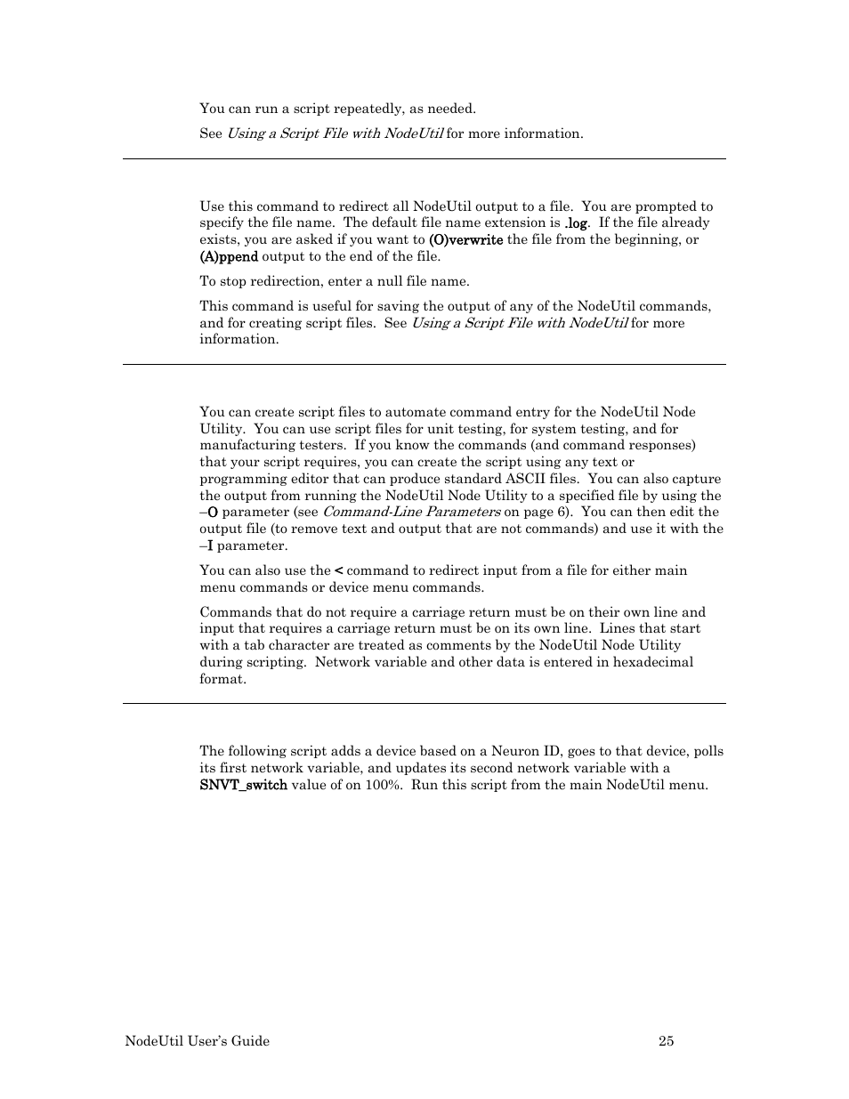 Redirect output to a file, Using a script file with nodeutil, Example 1 | Using a script file, With nodeutil, 25 for mor, Using a script file with, Nodeutil, 25 for, Ge 25 for more in | Echelon NodeUtil Node Utility User Manual | Page 31 / 40
