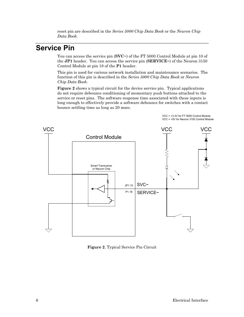 Service pin, Vcc control module vcc | Echelon LonWorks Twisted Pair Control Module User Manual | Page 14 / 55