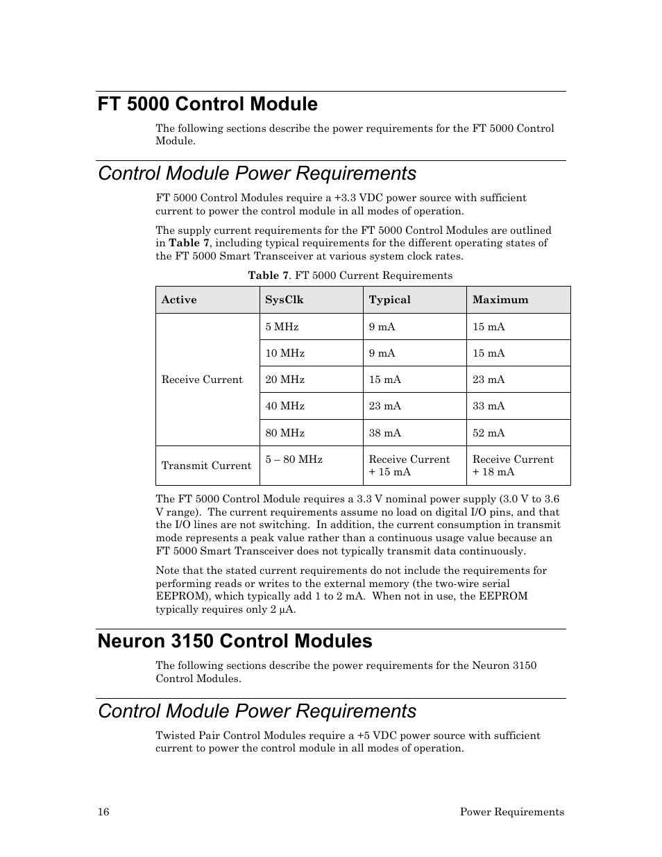 Ft 5000 control module, Control module power requirements, Neuron 3150 control modules | Echelon LonWorks Twisted Pair Control Module User Manual | Page 24 / 55