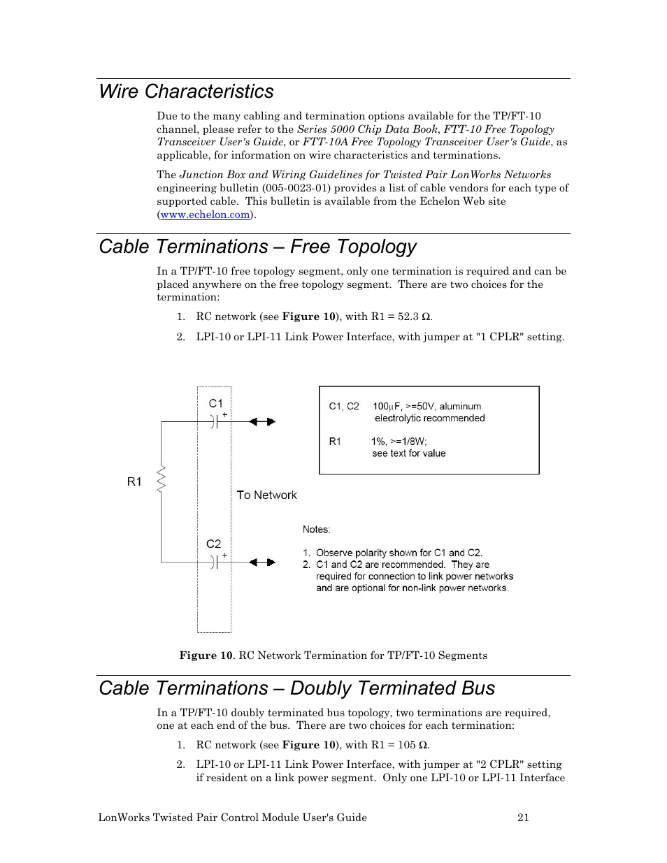 Wire characteristics, Cable terminations – free topology, Cable terminations – doubly terminated bus | Echelon LonWorks Twisted Pair Control Module User Manual | Page 29 / 55