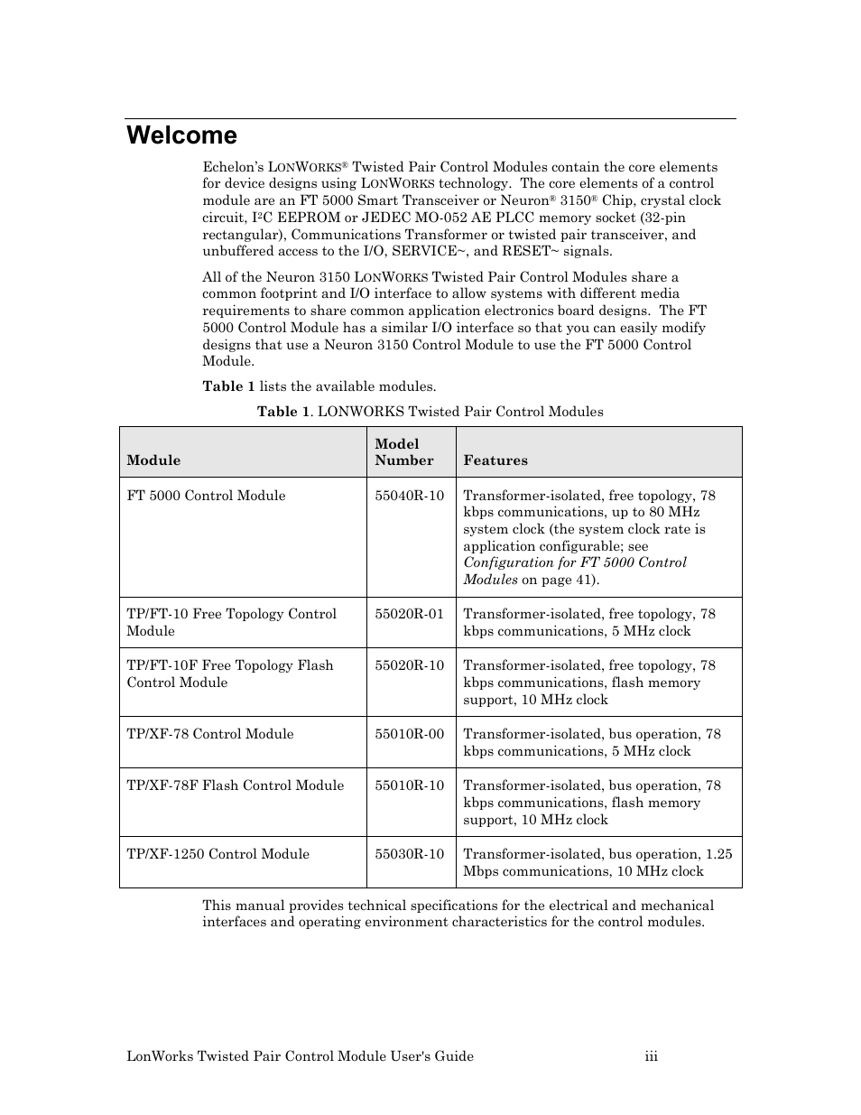 Welcome | Echelon LonWorks Twisted Pair Control Module User Manual | Page 3 / 55
