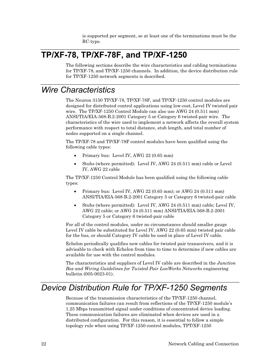 Tp/xf-78, tp/xf-78f, and tp/xf-1250, Wire characteristics, Device distribution rule for tp/xf-1250 segments | Echelon LonWorks Twisted Pair Control Module User Manual | Page 30 / 55