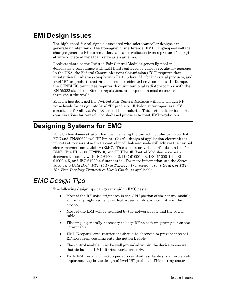 Emi design issues, Designing systems for emc, Emc design tips | O emi design issues | Echelon LonWorks Twisted Pair Control Module User Manual | Page 36 / 55