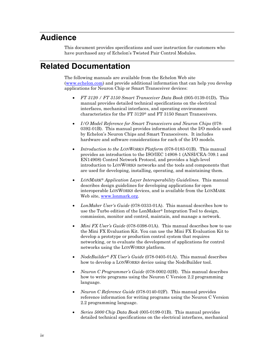 Audience, Related documentation | Echelon LonWorks Twisted Pair Control Module User Manual | Page 4 / 55