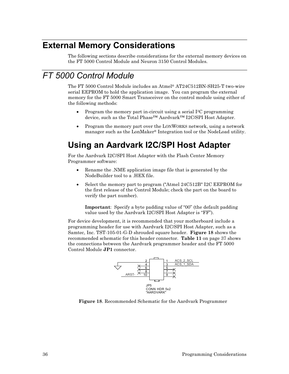 External memory considerations, Ft 5000 control module, Using an aardvark i2c/spi host adapter | Echelon LonWorks Twisted Pair Control Module User Manual | Page 44 / 55