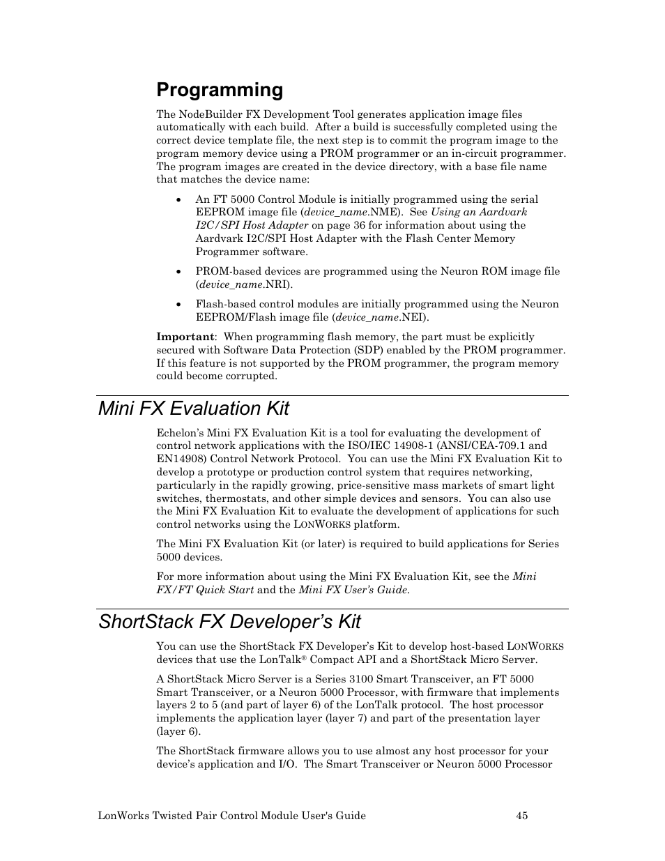 Mini fx evaluation kit, Shortstack fx developer’s kit, Programming | Echelon LonWorks Twisted Pair Control Module User Manual | Page 53 / 55