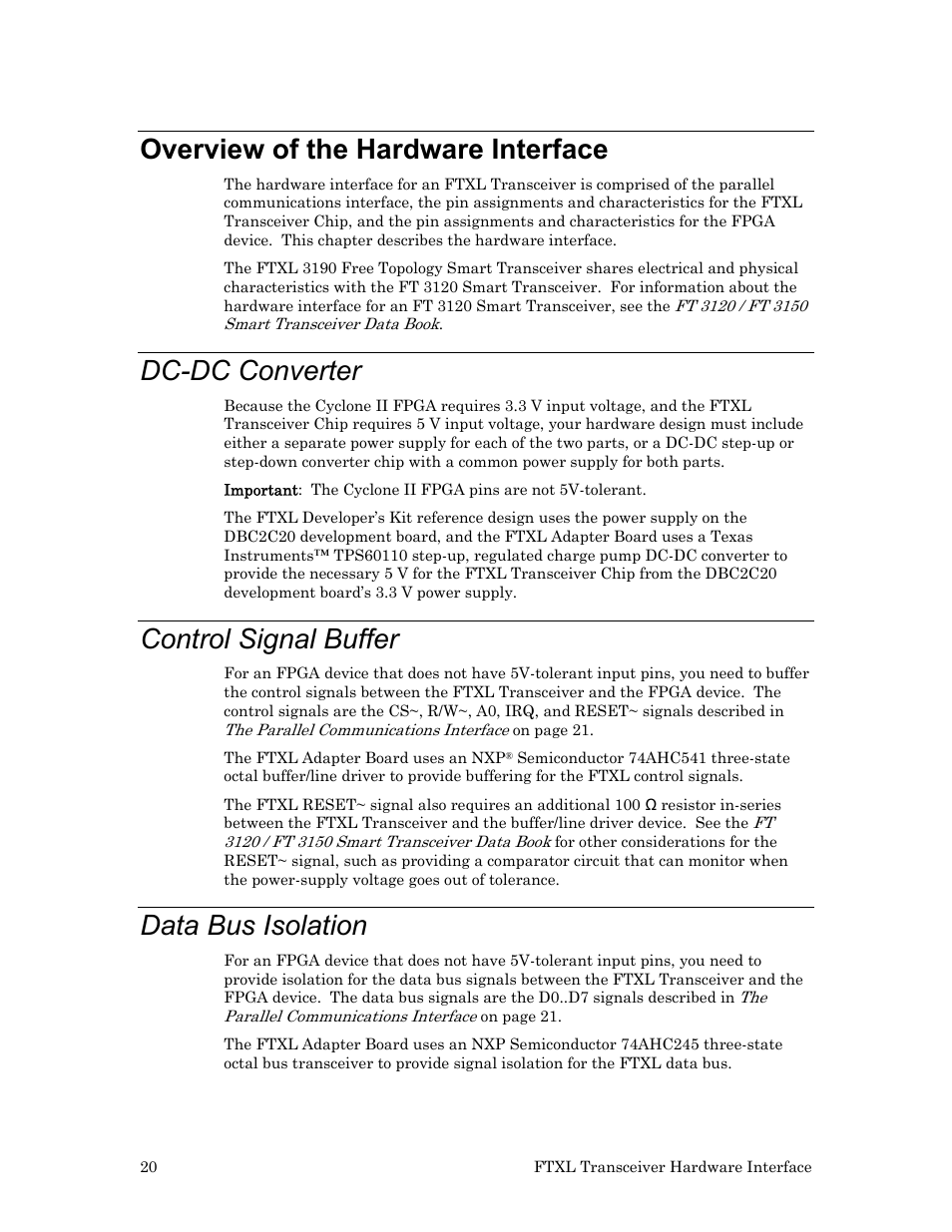 Overview of the hardware interface, Dc-dc converter, Control signal buffer | Data bus isolation | Echelon FTXL Hardware User Manual | Page 28 / 92