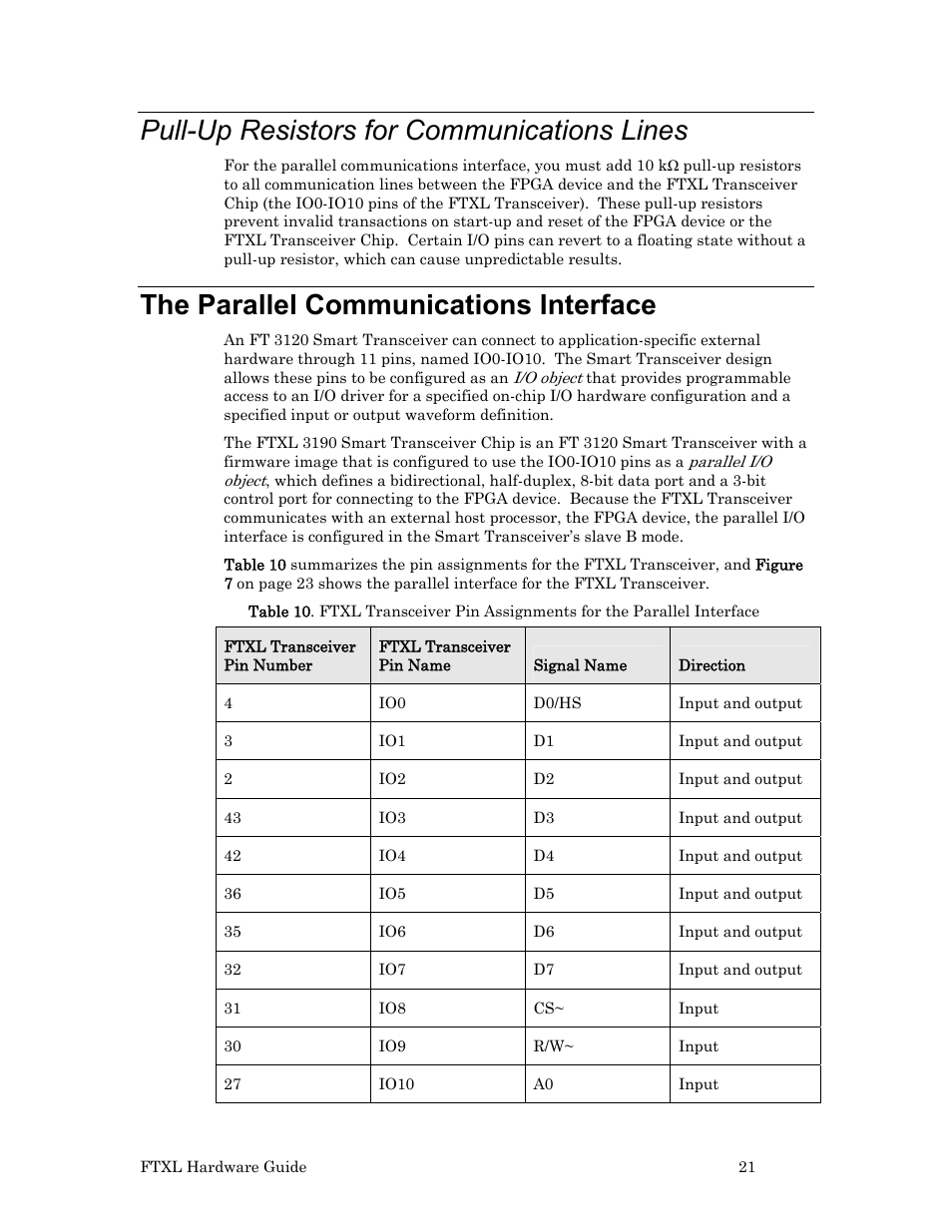 Pull-up resistors for communications lines, The parallel communications interface, Parallel communications interface | Echelon FTXL Hardware User Manual | Page 29 / 92
