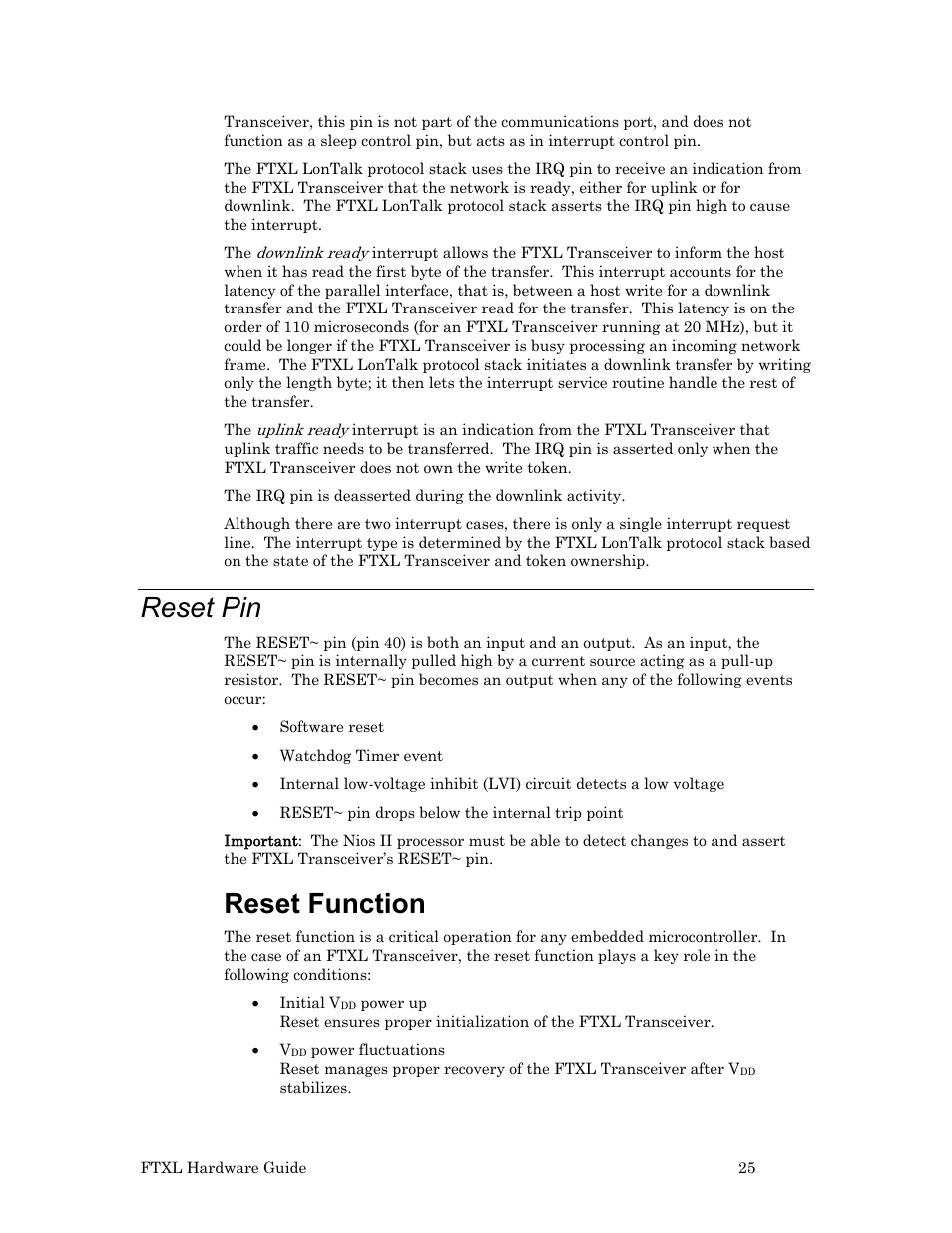 Reset pin, Reset function | Echelon FTXL Hardware User Manual | Page 33 / 92