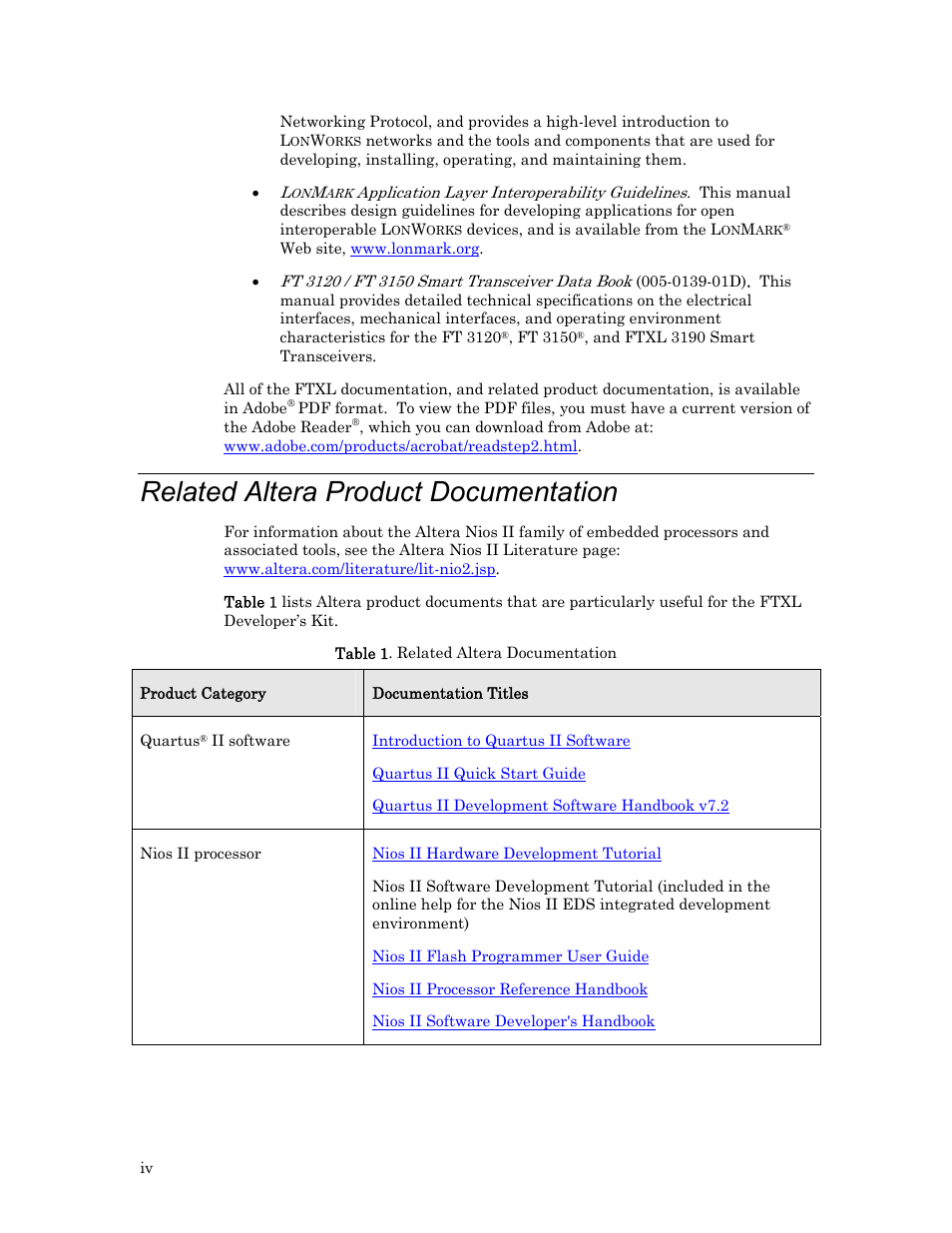 Related altera product documentation | Echelon FTXL Hardware User Manual | Page 4 / 92