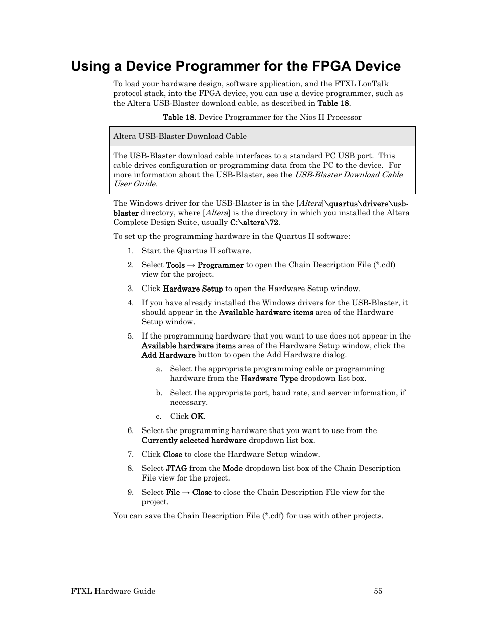 Using a device programmer for the fpga device, Using a, Device programmer for the fpga device | Echelon FTXL Hardware User Manual | Page 63 / 92