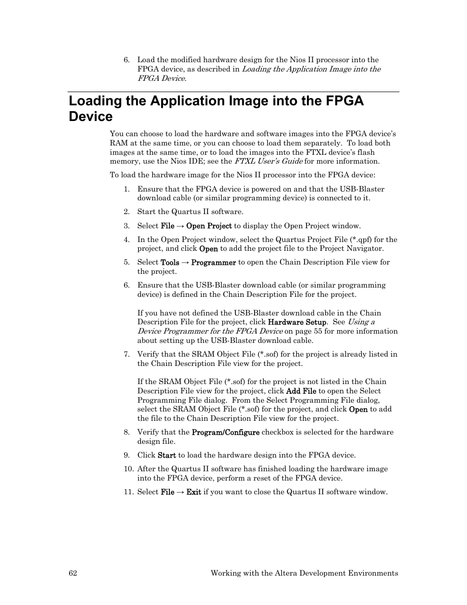 Loading the application image into the fpga device, Loading the application image, Into the fpga device | Loading the, Application image into the fpga device | Echelon FTXL Hardware User Manual | Page 70 / 92