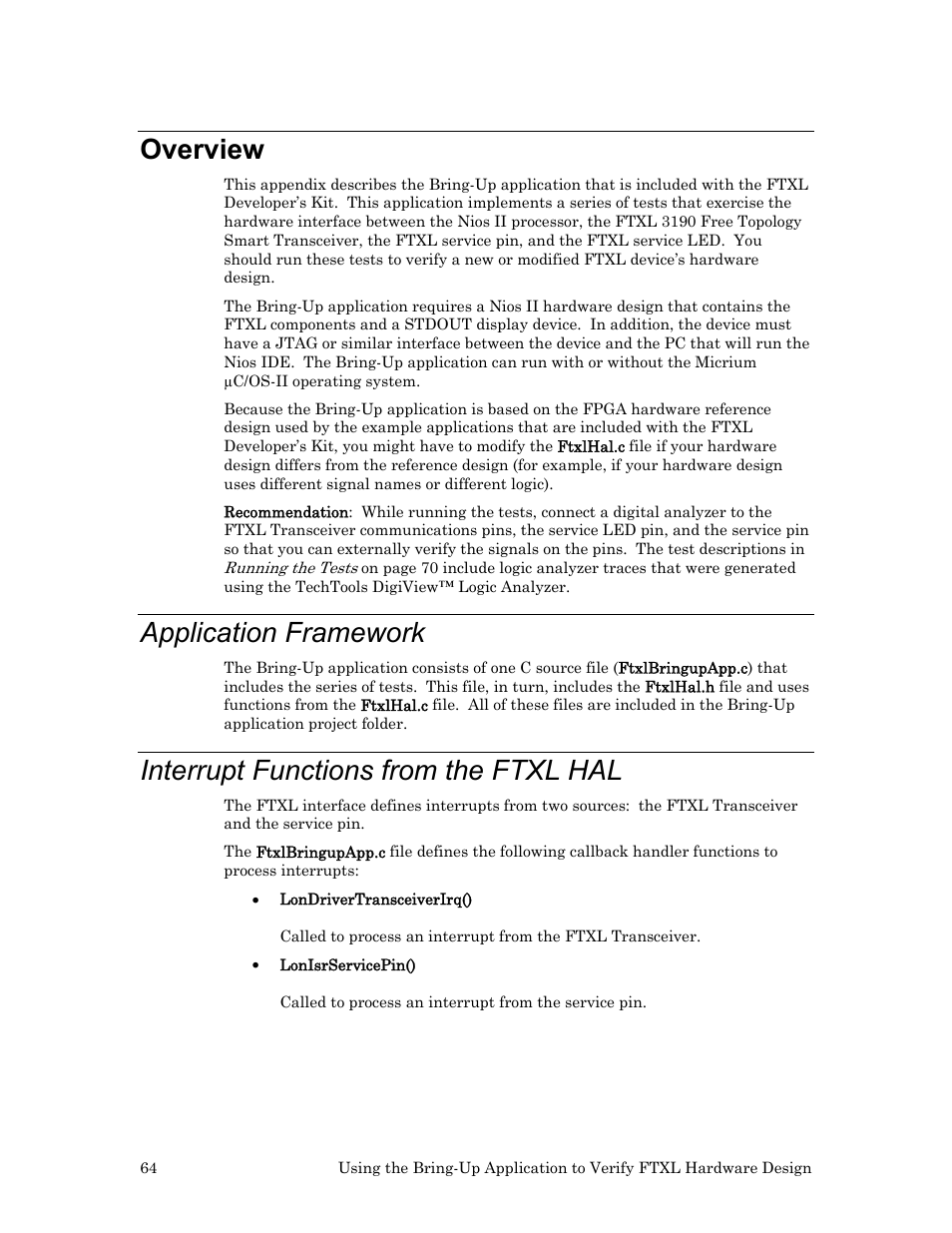 Overview, Application framework, Interrupt functions from the ftxl hal | Echelon FTXL Hardware User Manual | Page 72 / 92