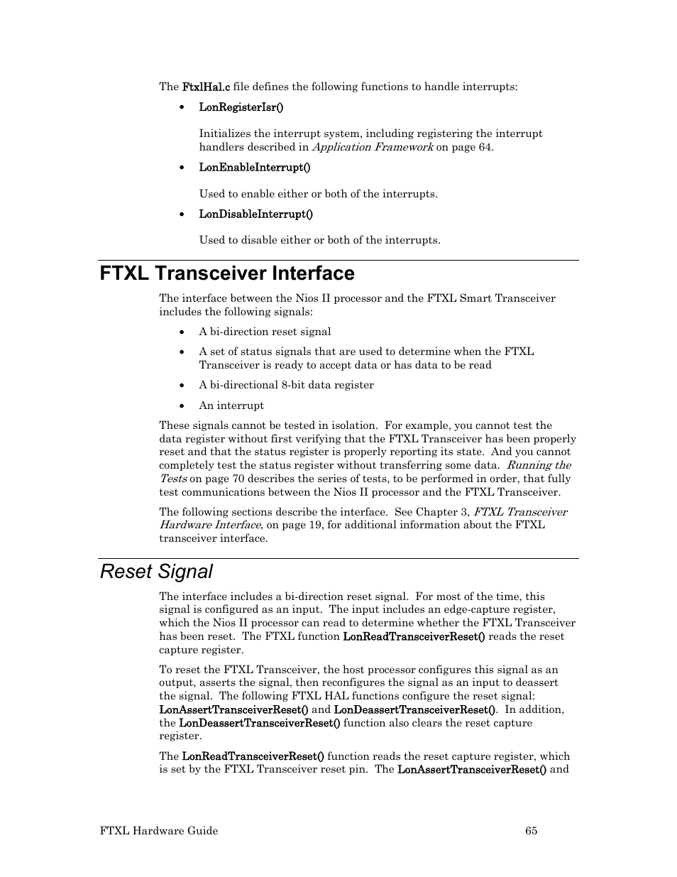 Ftxl transceiver interface, Reset signal | Echelon FTXL Hardware User Manual | Page 73 / 92
