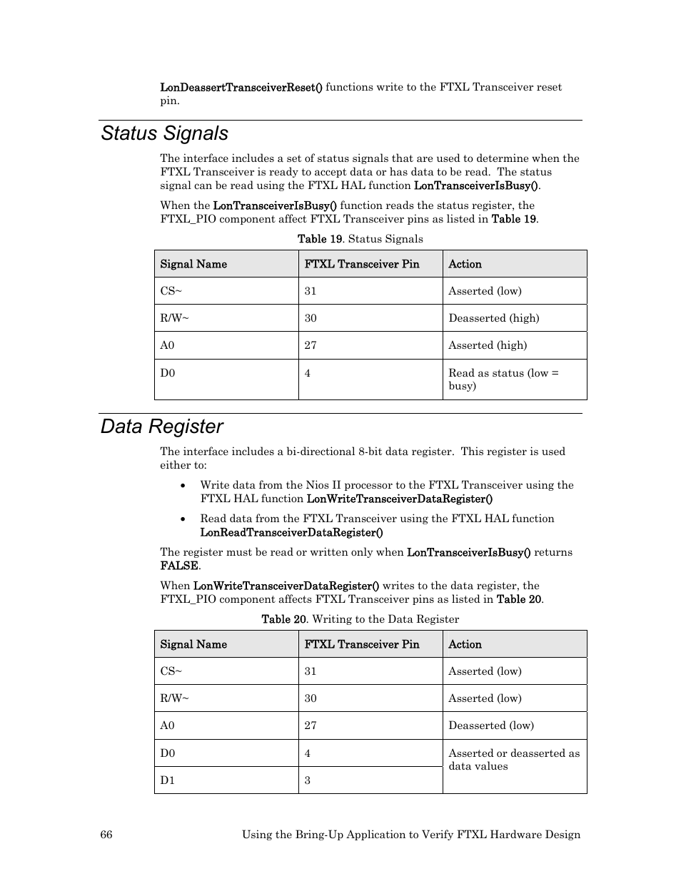 Status signals, Data register | Echelon FTXL Hardware User Manual | Page 74 / 92