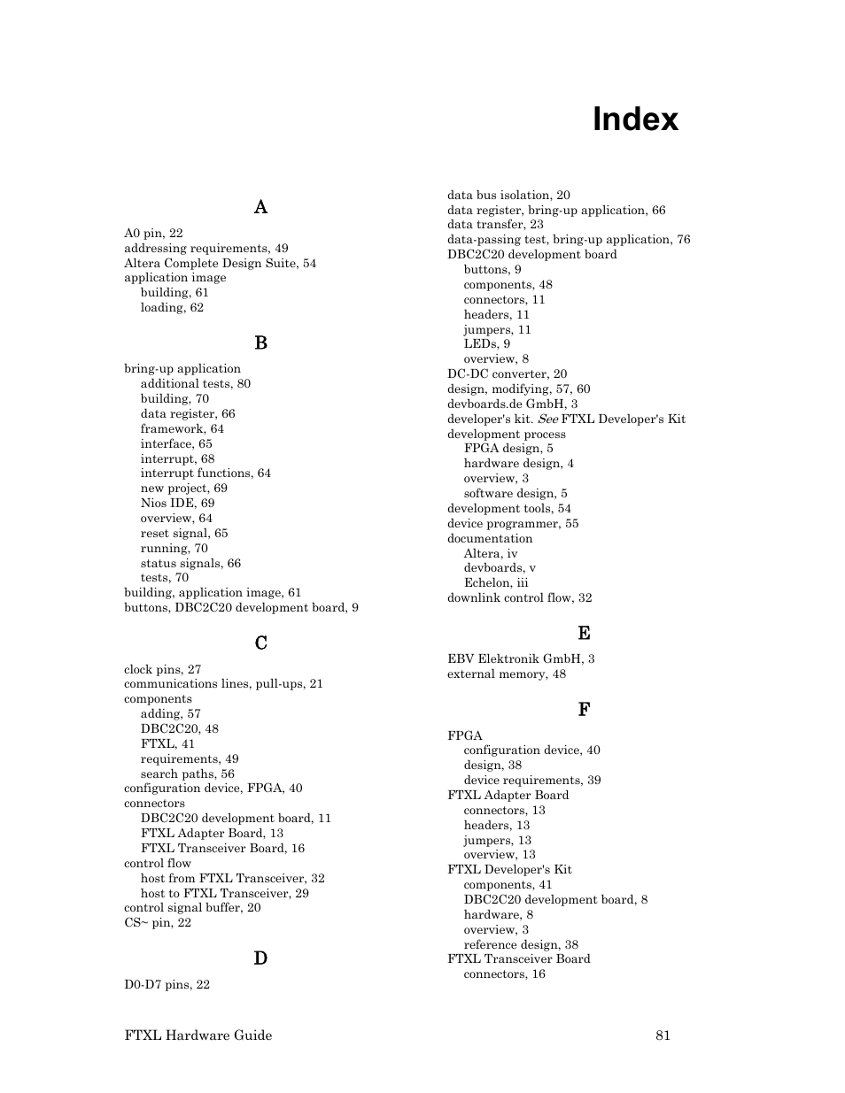 Index | Echelon FTXL Hardware User Manual | Page 89 / 92