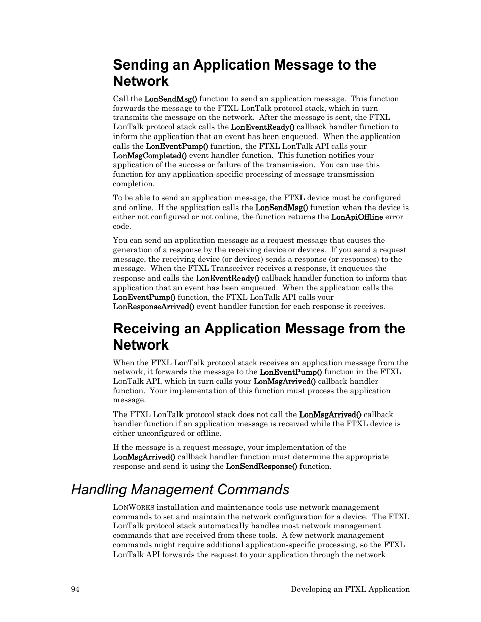 Handling management commands, Sending an application message to the network, Receiving an application message from the network | Echelon FTXL User Manual | Page 106 / 261