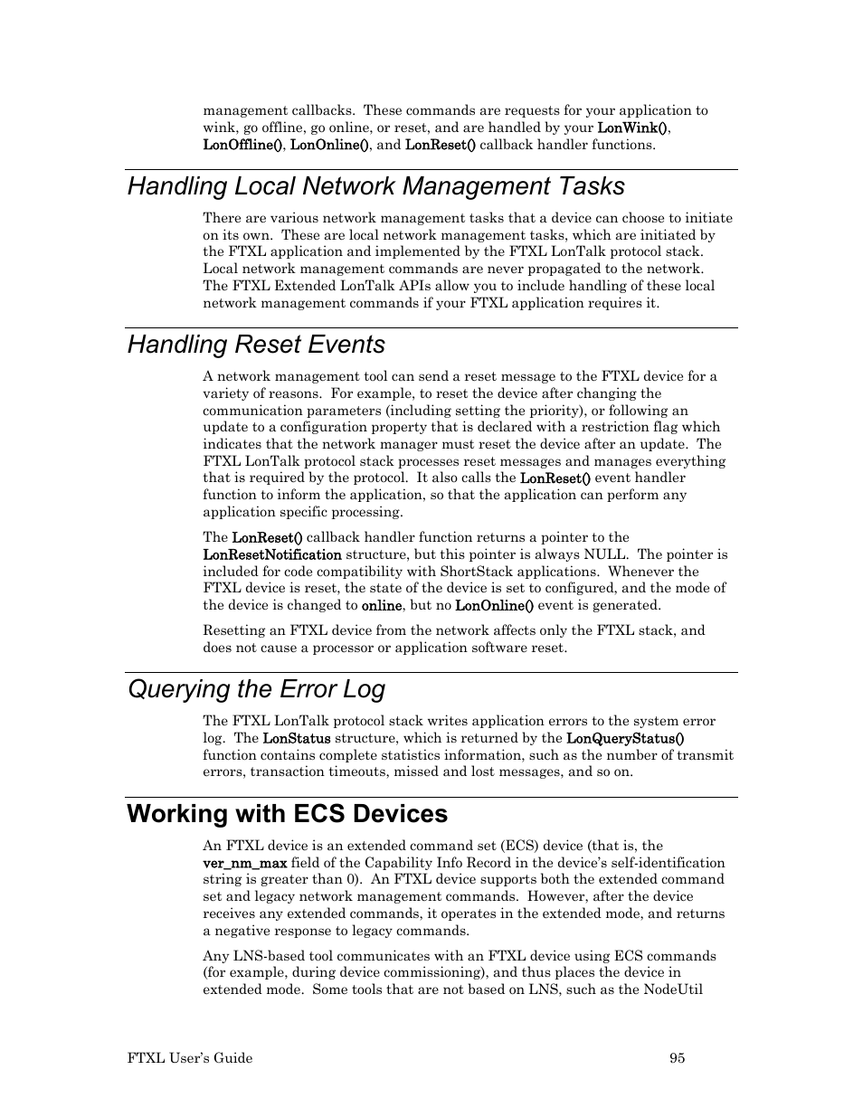 Handling local network management tasks, Handling reset events, Querying the error log | Working with ecs devices | Echelon FTXL User Manual | Page 107 / 261